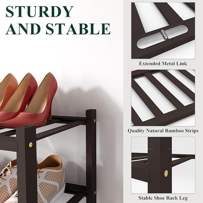 Smiry Shoe Rack, 2 Tier Long Bamboo Shoe Organizer, Stackable Free Standing Wooden Shoe Storage Shelf for Closet, Entryway, Front Door Entrance, Brown