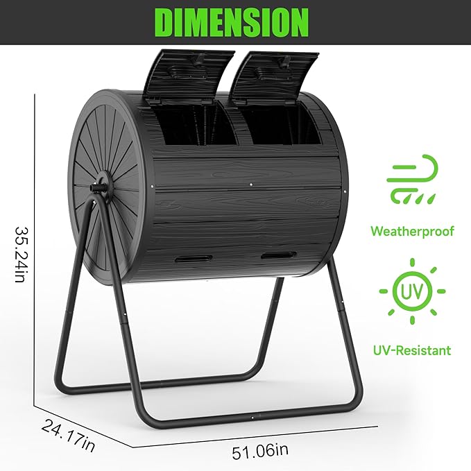 Dual Chamber Tumbling Composter 43 Gallon Large Outdoor Tumbling Composter Efficient Batch Composting Easy Turn Design (Black)