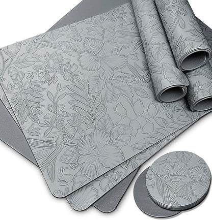 Spring Floral Pattern Placemats and Coasters Set, Embossed Flower Dinner Table