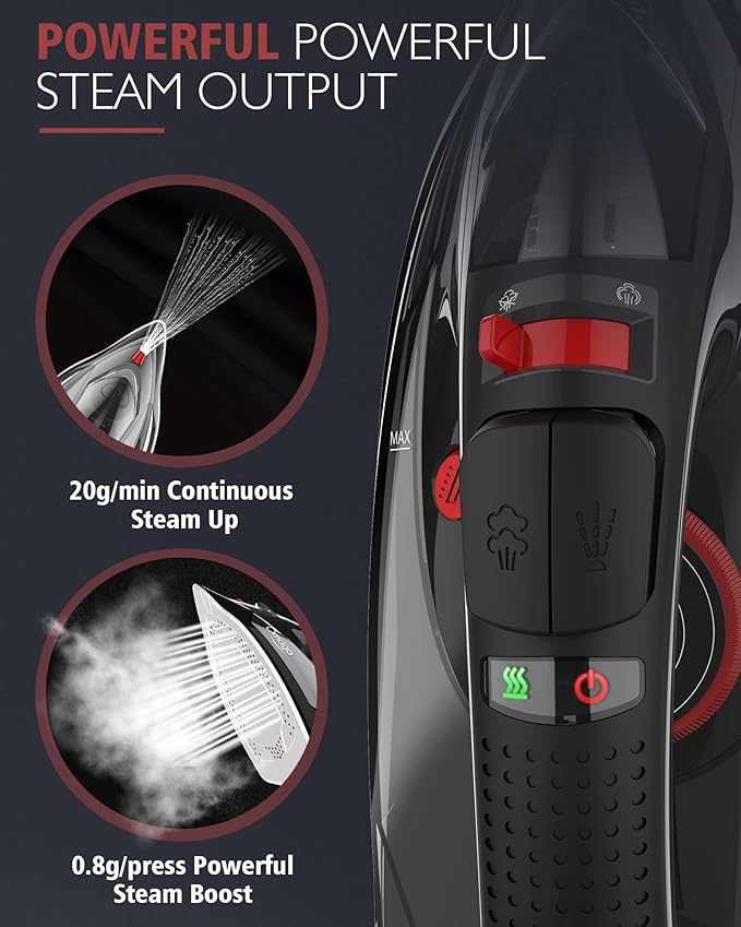 Cordless Iron for Clothes, 1500W Steam Iron Rapid Heating, Non-Stick Ceramic Soleplate, Auto Shut Off, Burst of Steam, Self-Clean, Anti Drip, 3 Temperature Settings, 11.84oz Water Tank, Black