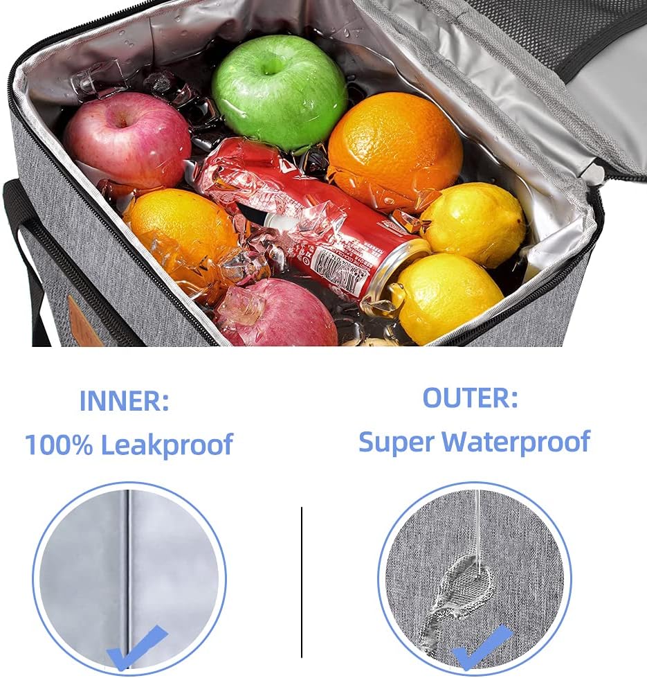 iknoe Thickened Lunch Bag - Soft Coolers Insulated, Leak Proof Tote with Zippered Top - Great for Work, Picnic, Beach - 18-Can Capacity, Grey