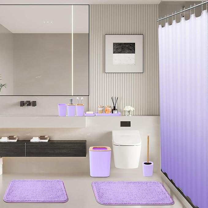 24PCS Bathroom Sets with Shower Curtain and Rugs, Purple Bathroom Accessories Set with Trash Can, Soap Dispenser, Toothbrush Holder and Cup, Purple Bathroom Set for Home Decor
