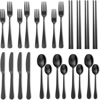 Upgraded 18/8 Stainless Steel 28-Piece Flatware Cutlery Set(Black)-Silverware set for 4-Luxurious Home Kitchen Dinnerware Sets-Great Kitchen Accessories-Perfect House Warming/Christmas Gift