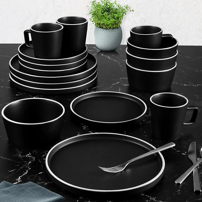 Zulay Kitchen Terra Stoneware Dinnerware Set, Artisanal Ceramic Plates and Bowls Set Crafted at 2300℉ - Service for 4, Black Matte with White Rim