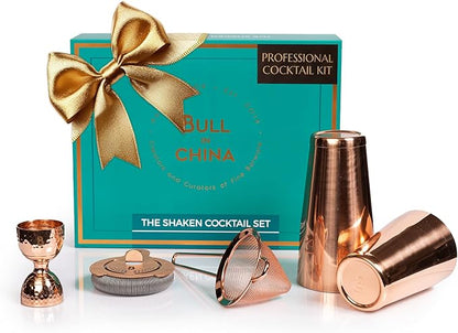 5 Piece Cocktail Kit by Bull In China - Premium Bartender Gift Set Includes Weighted 2 Piece Boston Shaker, Hammered Bell Jigger, Hawthorne Strainer & Fine Mesh Strainer (Copper)