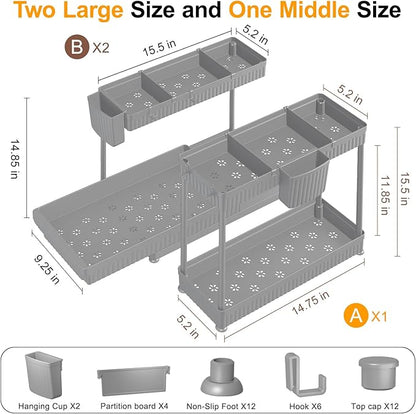 3 Pack Multi-Purpose Under Sink Organizers and Storage, 2025 L-Shaped Pull Out Cabinet Organizer for Bathroom & Kitchen, Under Cabinet Organizer with Hooks Hanging Cup, Grey, 14.85 inch