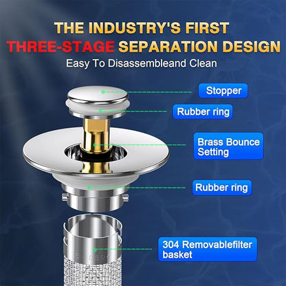 Bathroom Sink Drain Strainer, Pop Up Sink Drain Filter with Removable Stainless Steel Filter Basket Hair Catcher, Bathroom Sink Drain Stopper, for Us Bathroom Sink Stopper Replacement (4pcs)