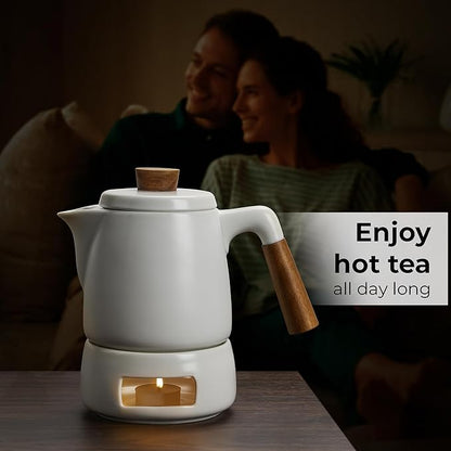 MIAMIO - Teapot Set with Warmer / 34 oz Tea Kettle with Infuser for Steeping Loose Tea Leaves - Gift for Women/Tea Lovers (White)