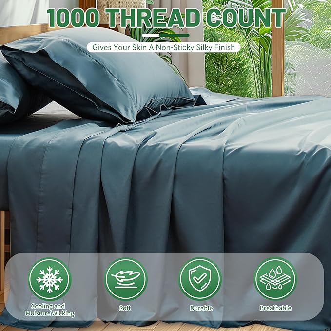 100% Egyptian Cotton Sheets King Size 4PCS 1000 Thread Count Sateen Weave Soft Breathable 16-Inch Deep Pocket （King,Lake Blue）