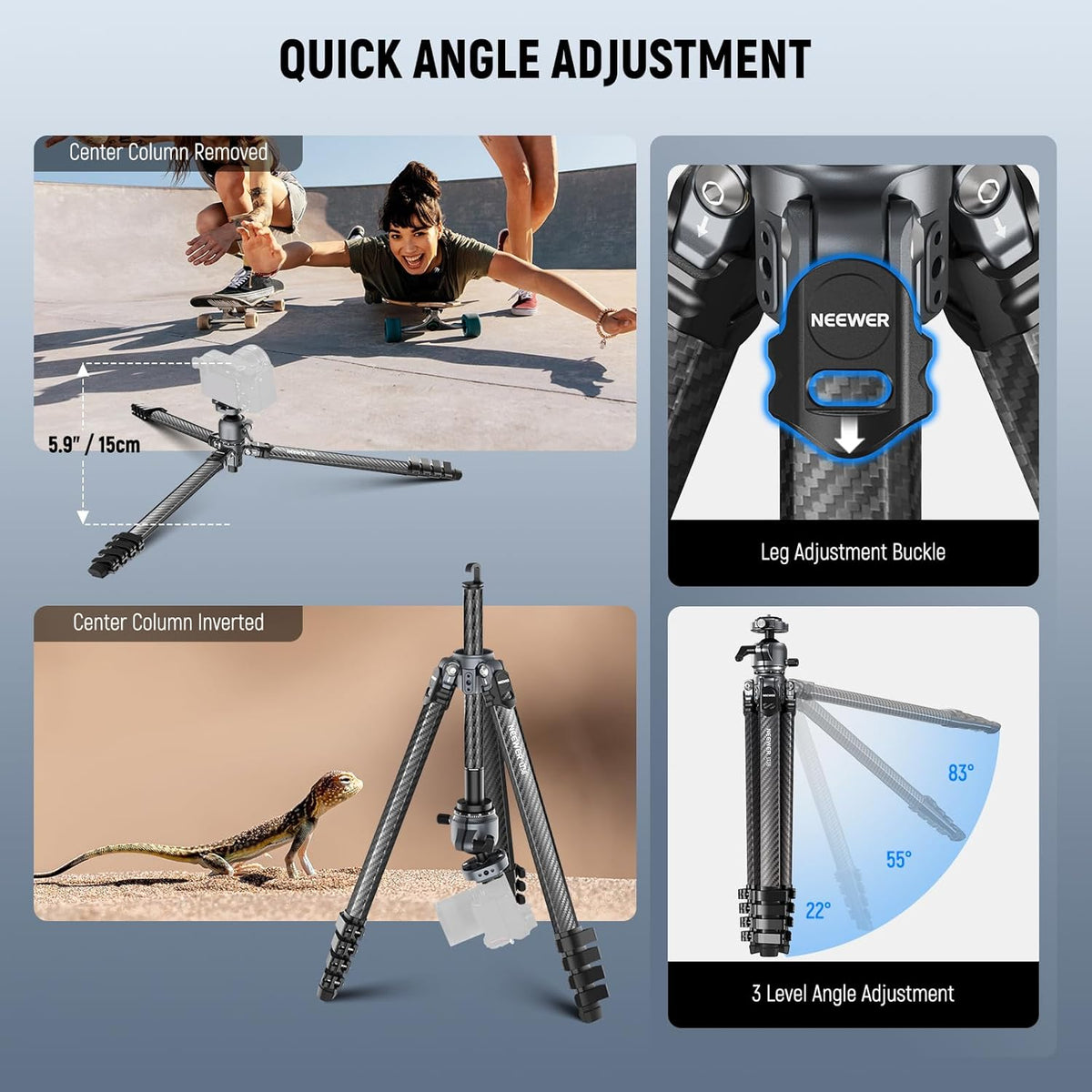 NEEWER LITETRIP LT38 61" Travel Tripod Carbon Fiber for Camera, 360° Pan Tilt Low Profile Ball Head, Flexible Center Axis, Arca QR Plate Compatible with Peak Design Tripod Clip V3, Max Load 22lb