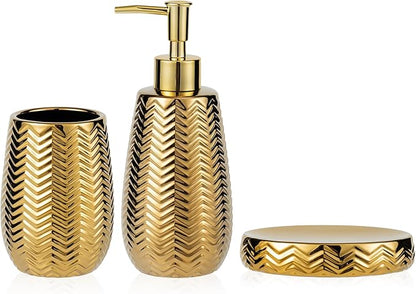 Gold Bathroom Accessories 3pcs Stylish Bathroom Accessories Set Gold Soap Dispenser Pump, Tumbler and Soap Dish Modern Decor Wavy Design Ceramic Bathroom Accessory Set