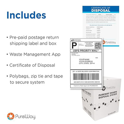 MailBack 5 Gallon Gallon PureWay Sharps Container Disposal System - [PrePaid Return Label Included] for Home, Travel, Professional, and Personal Use
