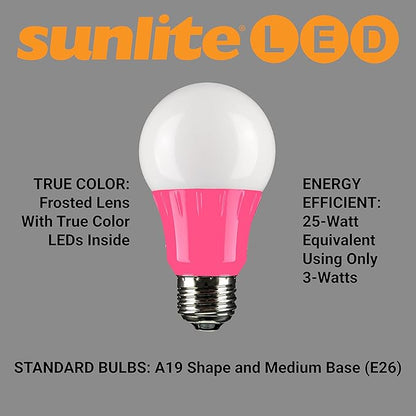 Sunlite 40473 LED A19 Colored Light Bulb, 3 Watts (25w Equivalent), E26 Medium Base, Non-Dimmable, UL Listed, Party Decoration, Holiday Lighting, 6 Count, Pink