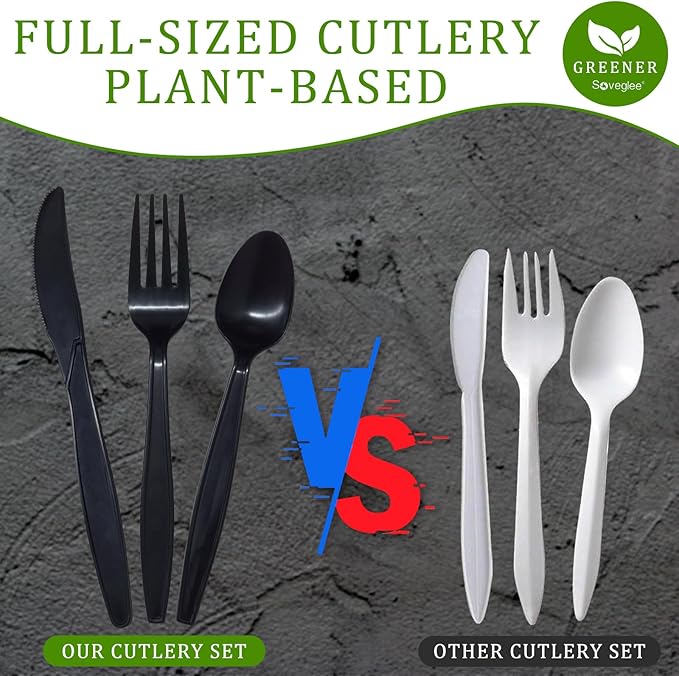 Black No Plastic Silverware, Disposable Compostable Utensils 50 Forks 50 Spoons 50 Knives Disposable Cutlery, Eco Friendly Compostable Utensils, Disposable Forks Spoons Knives Set for Party Office