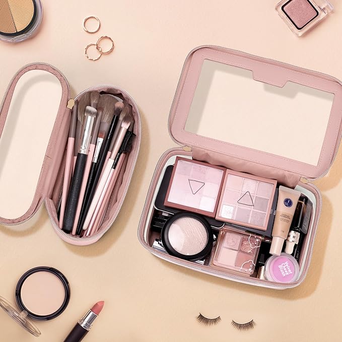 Travel Clear Makeup Bag with Makeup Brush Bag, Leather Makeup Case Toiletry Bag, Portable Cosmetic Bag Case, Transparent Waterproof Cosmetic Organizer Storage Bag for Women, Medium, Pink