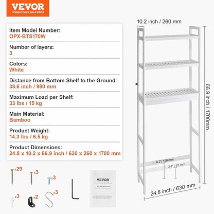 VEVOR Over The Toilet Storage, 3-Tier Adjustable Over Toilet Bathroom Organizer, Bamboo Storage Shelf Rack with 3 Hooks, Freestanding Easy Assembly Laundry Space Saver, Fit Most Toilets, White