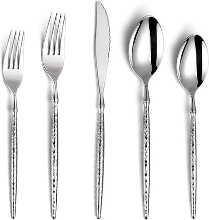 Lemeya 20-Piece Hammered Silverware Set,18/10 Stainless Steel Forging Heavy Duty Cutlery Set for 4, Luxury Unique Flatware Set,Spoons and Forks Set,Mirror Polished,Dishwasher Safe
