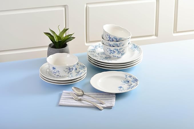 222 Fifth 12-Piece Porcelain Dinnerware Set for 4, White & Blue Plates and Bowls Set, Glossy Ceramic Dish Set with Beautiful Floral Design, Elegant Kitchen Dishes, Microwave & Dishwasher Safe, Bellamy