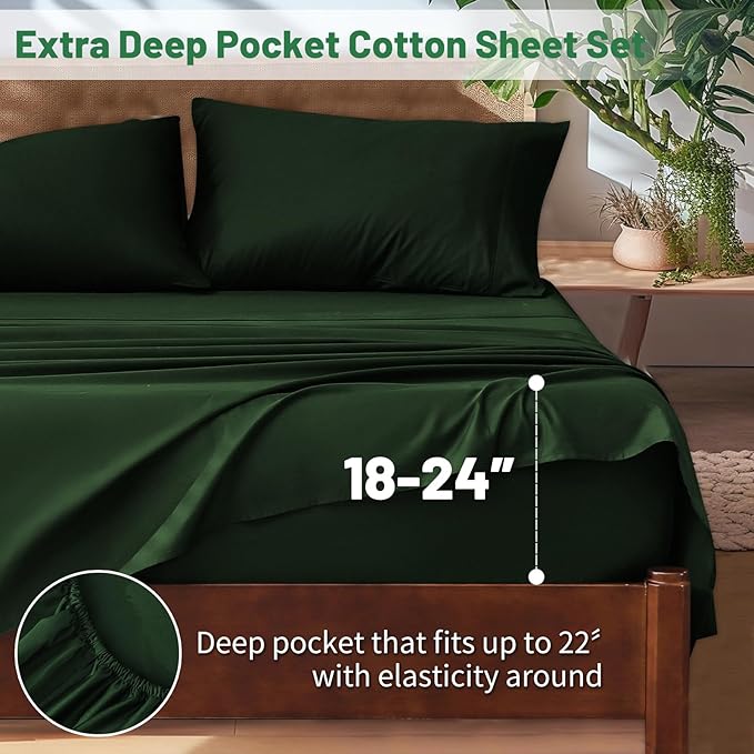 Extra Deep Pocket Queen Sheets 18-24 Inch 100% Egyptian Cotton 1000 Thread Count Sateen Weave Soft Breathable 4 Pieces（Queen,Forest Green）
