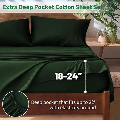 Extra Deep Pocket Queen Sheets 18-24 Inch 100% Egyptian Cotton 1000 Thread Count Sateen Weave Soft Breathable 4 Pieces（Queen,Forest Green）