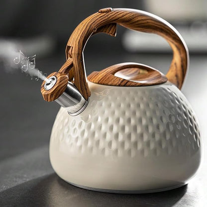 Tea Kettle, 2.7 Quart with Wood Pattern Handle Loud Whistle Food Grade Stainless Steel Teapot, Anti-Hot Handle and Anti-Rust, Suitable for All Heat Sources