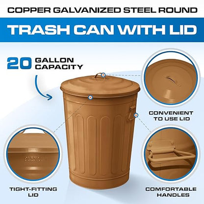 Plexon Round Trash Can 13 Gallon, Vintage Metal Outdoor Trash Can with Lid, Retro Farmhouse Garbage Container, Old School Modern Ash Bucket, Copper 3 Pack