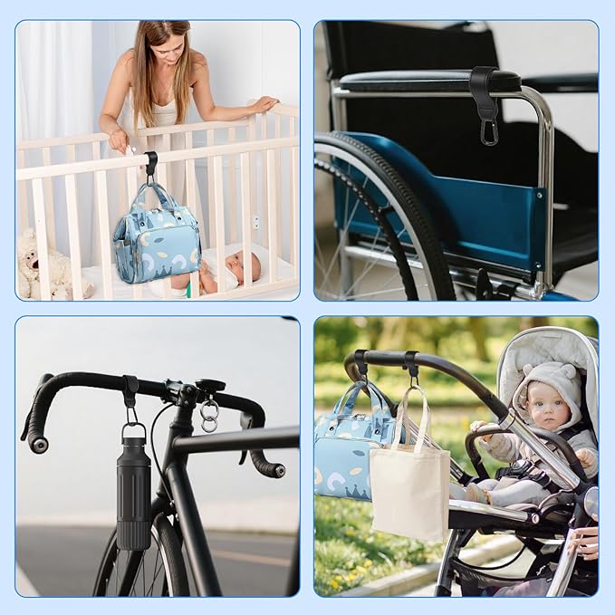 Xindojuz 2 PCS Stroller Hooks for Bags, Multipurpose Stroller Straps with Large Carabiner Clip for Hanging Diaper Bag and Strollers Organizer Accessories for Wheelchair, Shopping and Pet Carts (Black)