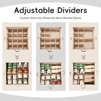 Shoe Organizer Box 2 Pack, Shoe Storage Organizer with Clear Cover, Adjustable Dividers Fits 16-32 Pairs, Fabric Shoe Organizer for Closet, Beige