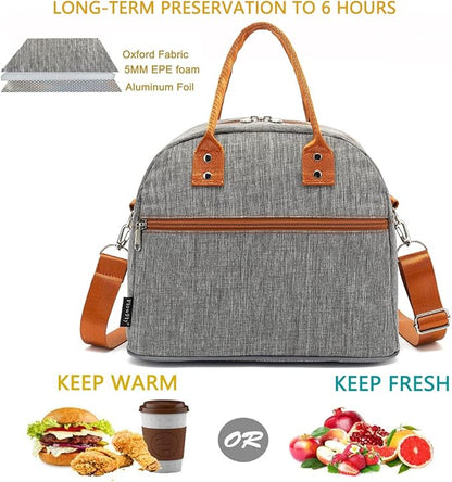 FlowFly Insulated Lunch Bag With Shoulder Strap for Women, Men, and Kids, Large and Reusable, Handle, Freezable Work and School Travel Tote and Meal Prep Organizer,Grey