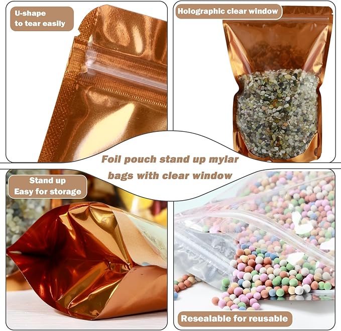 150-pack 7” x 10” 1 Quart Stand Up Mylar Bags with Clear Window Resealable Foil Pouches for Food Storage Smell Proof Edible Packaging Zip Bag for Jewelry and Small Business Bulk, Golden