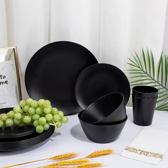 Supernal 32pcs Black Wheat Straw Dinnerware Sets with 25pcs Linen Napkins,Plates and Bowls Sets for 8,Black Plastic Dinnerware Sets, Microwave Dishwasher Safe Plates, Dishes Set for 8