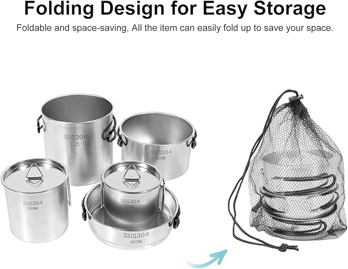 5PCS Stainless Steel Camping Cooking Set Cookware Mess Kit Cook Pots and Pan Set with Cups & Storage Bag, Lightweight Camping Cookware for Hiking Backpacking Outdoor Cooking and