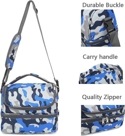 FlowFly Kids Double Decker Cooler Insulated Lunch Bag Large Tote for Boys, Girls, Men, Women, With Adjustable Strap, Blue Camo
