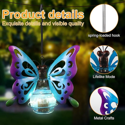 2 Pack Butterfly Solar Outdoor Hanging Lantern Creative Small Sculpture Lights Durable Waterproof Lamp Suitable for Festivals Garden Decor Birthday Gifts for Grandma Mom Women Girl