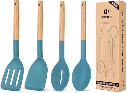 Pack of 4 Silicone Cooking Utensils Set, Non Stick Solid Spatulas and Heat Resistant Slotted Spoons with Wooden Handle, Ideal Wood Kitchen Utensils Set for Frying,Serving,Turning,Stirring (BLUE)