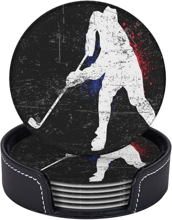 6 Pcs Vintage Ice Hockey Player Leather Coasters