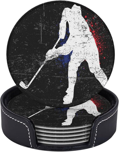 6 Pcs Vintage Ice Hockey Player Leather Coasters