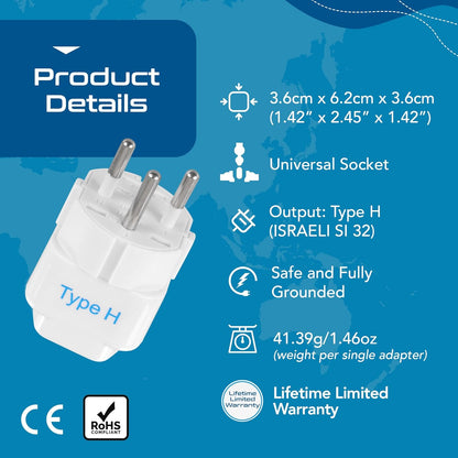 Ceptics Israel Power Adapter Travel Universal Plug,Works in Palestine,Jerusalem,Holy City-Perfect for Charging your Electronic Devices (Type H)- Safe Grounded Connection-3 Pack (GP-14-3PK),White