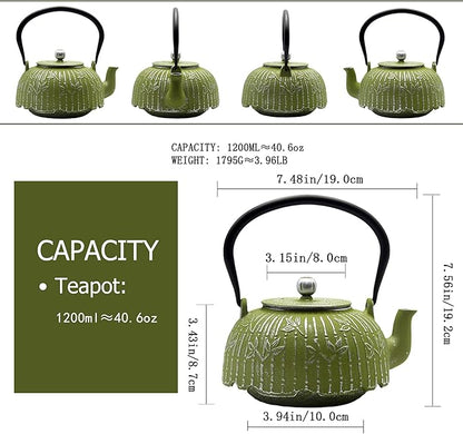 Tea Kettle, Japanese Cast Iron Teapot with Stainless Steel Infuser, Cast Iron Tea Kettle, Durable Teapot Coated with Enameled Interior (40.6oz Sage Green Bamboo Leaf Pattern)