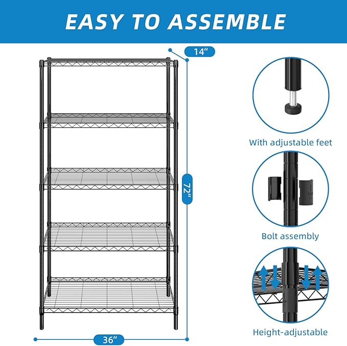 5-Shelf Adjustable Metal Shelf Wire Shelving Unit Storage Rack Display Shelf for Office,Kitchen,Bedroom,Bathroom,Laundry,Pantry Basement,Garage(Black,36" L x 14" W x 72" H)