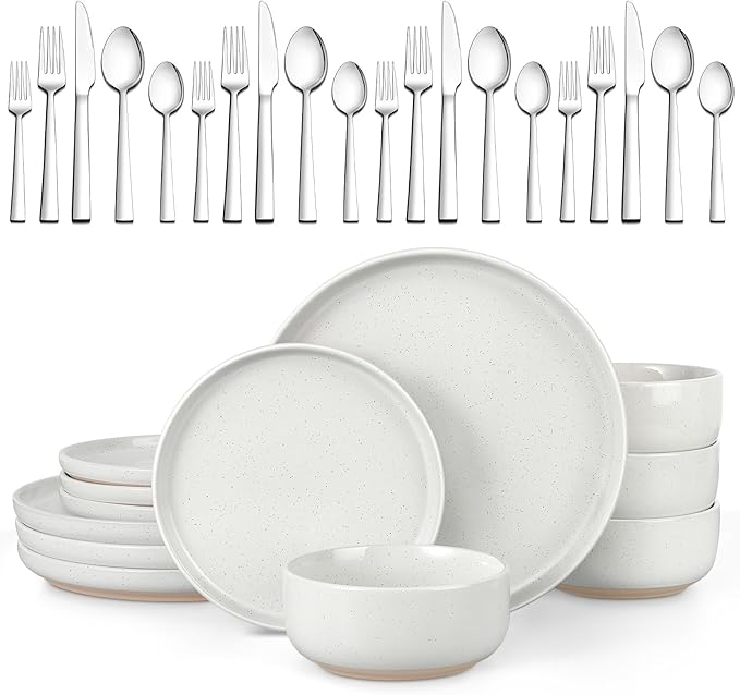 LIANYU 32PC Dinnerware Sets with Silverware for 4, Stoneware Plates and Bowls Dish Set, Stainless Steel Square Flatware Cutlery, Kitchen Dining Dishware, Microwave & Dishwasher Safe, Snowy White