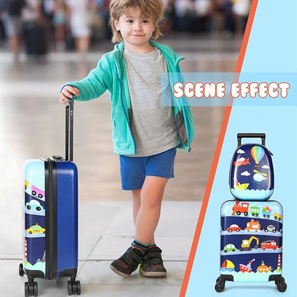 Weewooday Kids Luggage and Backpack 18" Suitcase with Spinner Wheel Hard Case Travel 13" Backpack Girl Suitcase Set for Kids Travel Supplies(Assorted Colors,Vehicle Style)