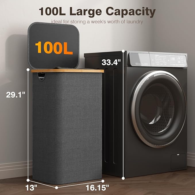 100L Laundry Hamper with Lid, Large Laundry Basket with Bamboo Handles, Clothes Hampers for Laundry with Removable Bag, Dirty Clothes Hampers for Bedroom Aesthetic, Grey