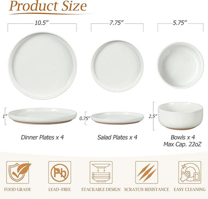 LIANYU 32PC Dinnerware Sets with Silverware for 4, Stoneware Plates and Bowls Dish Set, Stainless Steel Square Flatware Cutlery, Kitchen Dining Dishware, Microwave & Dishwasher Safe, Snowy White
