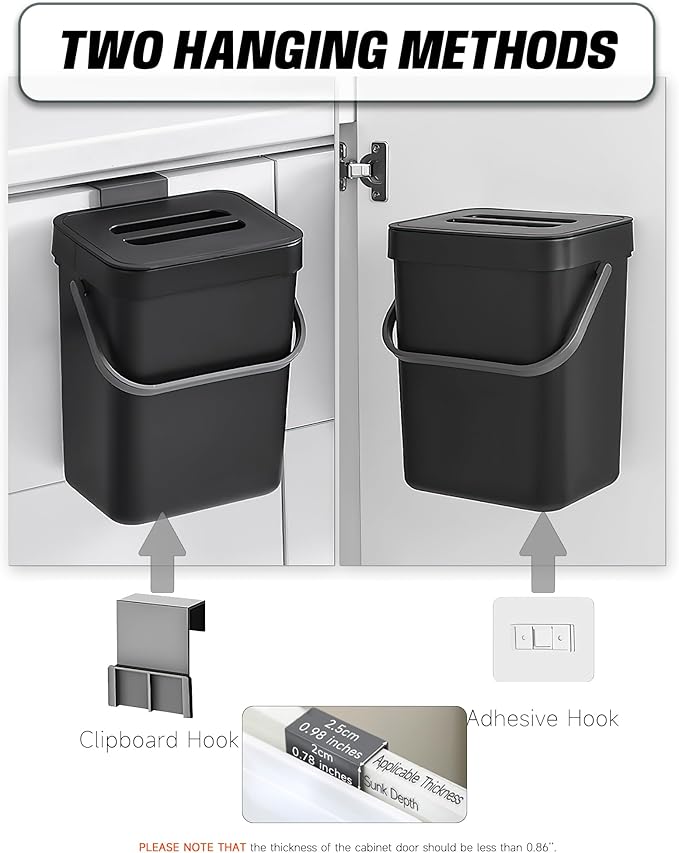 Countertop Compost Bin - 1.3 Gallons Hanging Small Trash Can with Lid for Kitchen Bathroom, Under Sink Kitchen Trash Can, Indoor Counter Compost Bucket with Lid, 5L(Black)