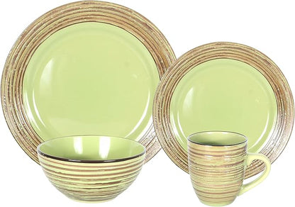 16 Piece Dinnerware Set, Ceramic Plates and Bowls Sets for 4, Microwave and Dishwasher Safe, Handcrafted Tree Bark Series Dish Set, Oak Forest/Dark Green