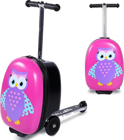 Owl Kids Scooter Suitcase - Folding Kids Luggage with Wheels - Multifunctional Ride on Luggage Travel suitcase with Strong Grip, Easy Locks and Zippers – Capacity to Hold 110LB