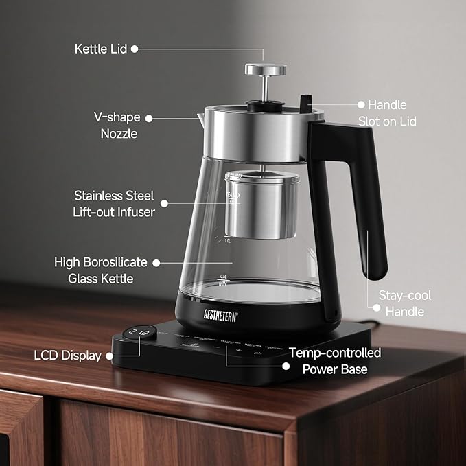 Electric Tea Kettle with Infuser 1.7L Glass Electric Kettle with Temperature Control Automatic Shut Off 12H Keep Warm for Tea Coffee Water Heater, Black