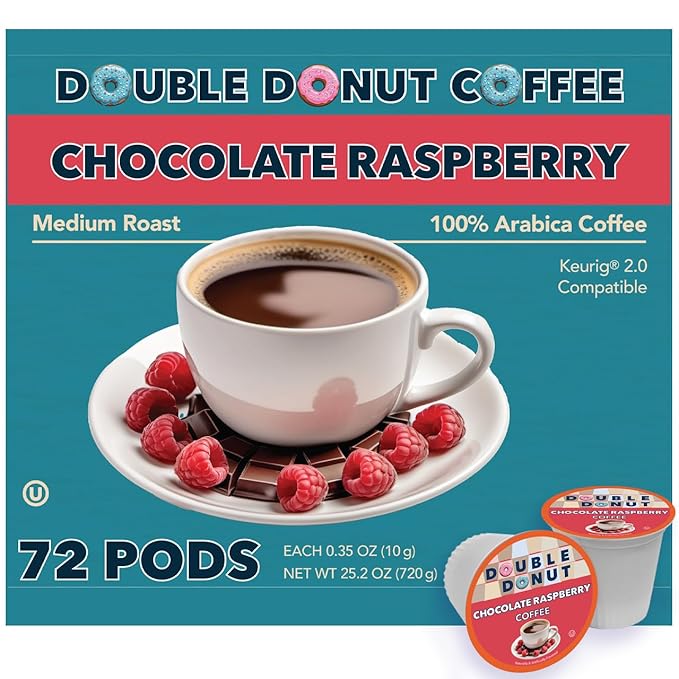 Double Donut Coffee Chocolate Raspberry Flavored Coffee Pods, Medium Roast Coffee, Compatible with Keurig K Cups Brewers, 72 Count