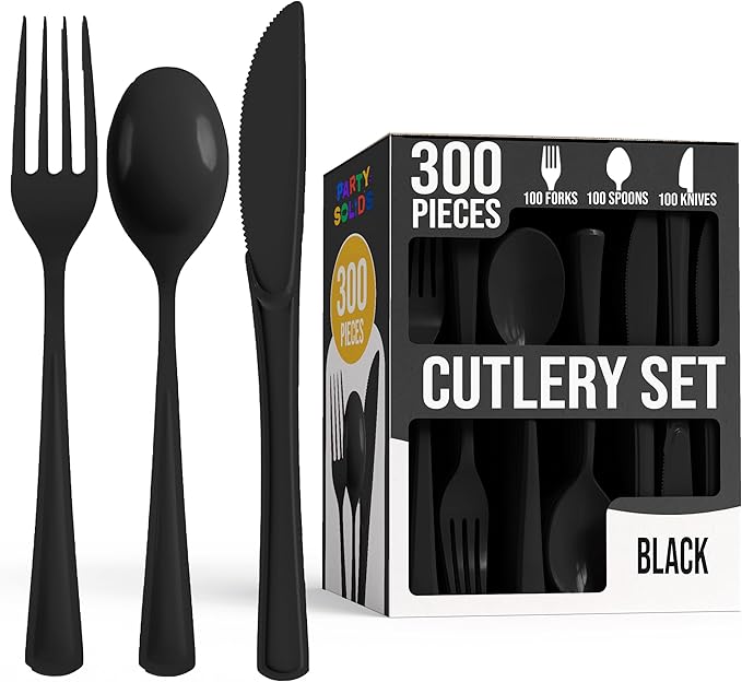 Party Solids Black Plastic Silverware Heavy Duty 300 Pieces Black Plastic Cutlery Sets, Utensil Sets, 100 Of Each Forks, Knives & Spoons Disposable Cutlery Set, Flatware Set For Party Supplies